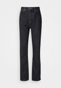 Hochtaillierte schwarze Jeans aus Denim mit Knopf- und Reißverschluss, Vorder- und Hintertaschen sowie einer geraden Passform.