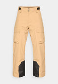 Beige Cargo-Hosen mit schwarzen Akzenten an den Unterschenkeln, ausgestattet mit zwei Seitentaschen, einem knöpfbaren Bund und einer lockeren Passform. Aus glattem Stoff gefertigt.