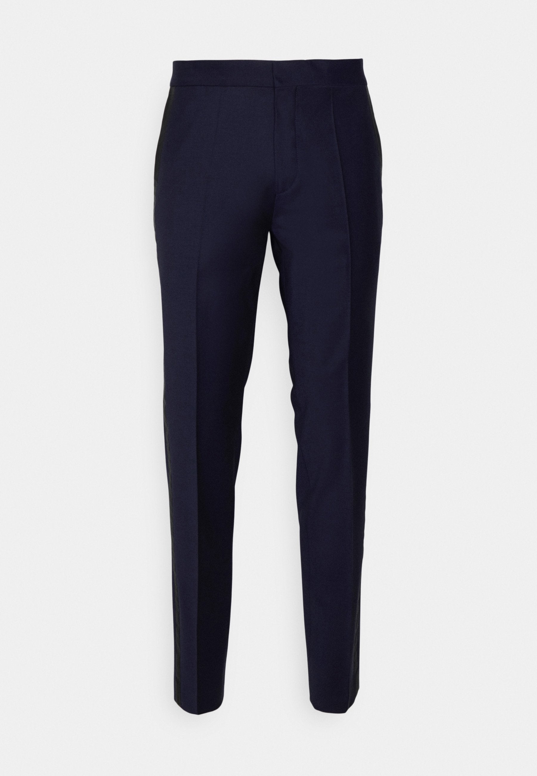 Marineblaue tapered Hosen mit glatter Textur, die eine flache Vorderseite und Seitennahtdetails für ein maßgeschneidertes Aussehen aufweisen.