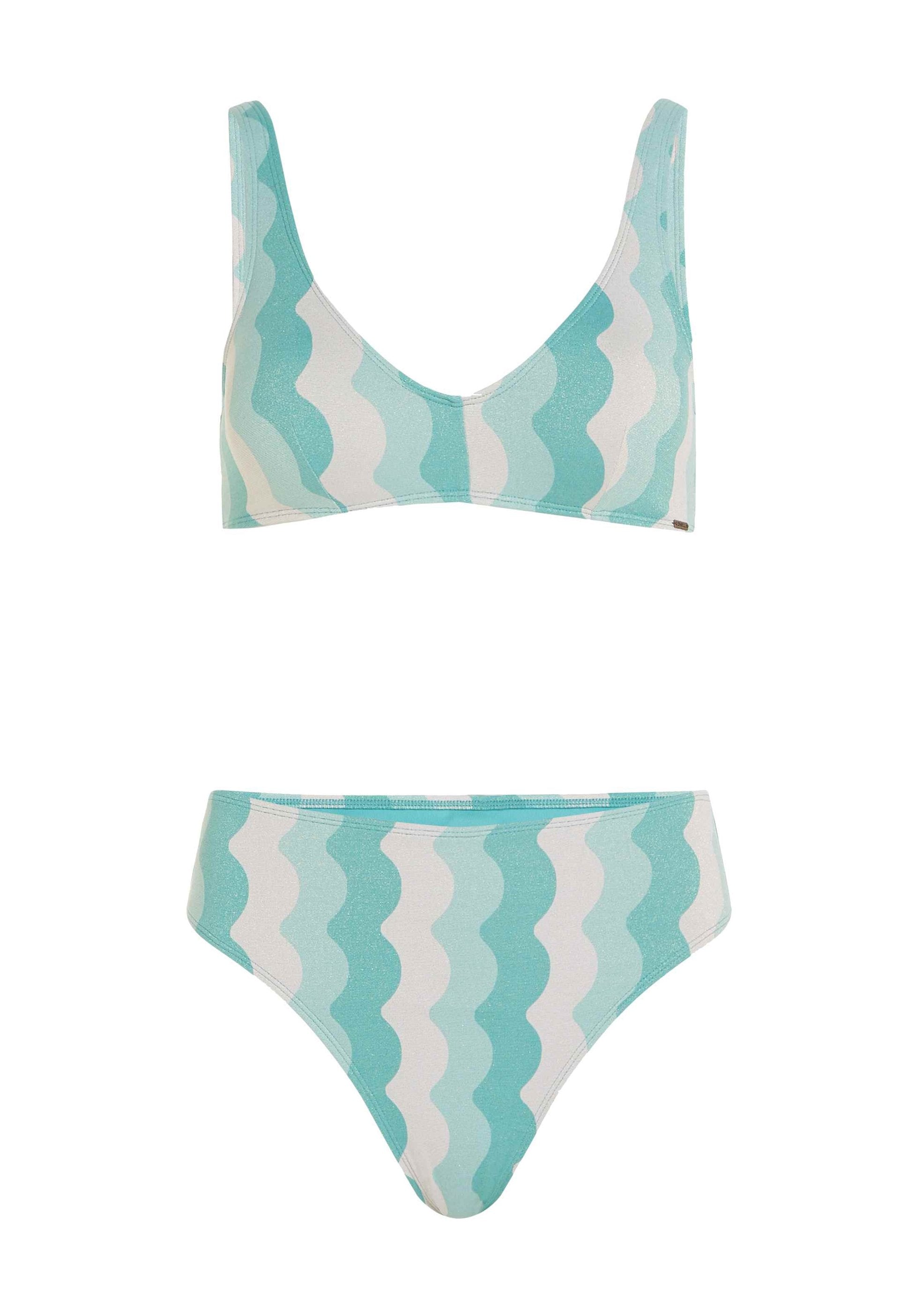 Hellblaues Bikini-Set mit einem Wellenmuster in verschiedenen Blau- und Weißtönen. Aus dehnbarem Material mit einer glatten Textur hergestellt.
