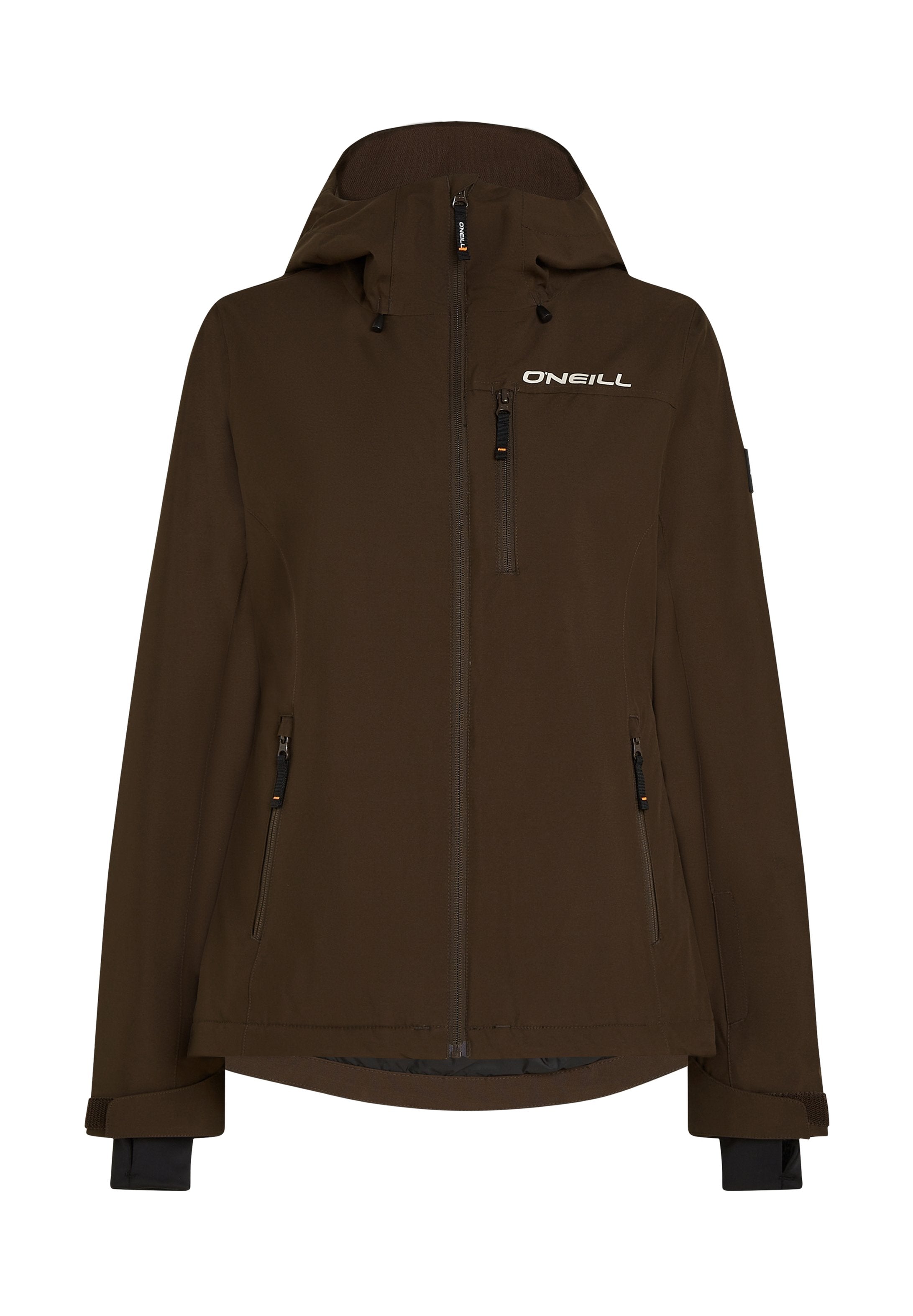 Braune wasserdichte Jacke mit Kapuze, die mehrere Reißverschlusstaschen und ein Logo auf der Brust hat. Glatte Textur und lange Ärmel mit Bündchen.