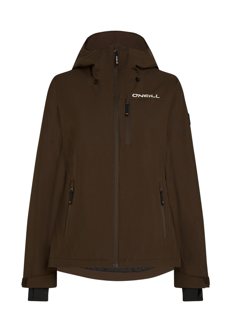 Braune wasserdichte Jacke mit Kapuze, die mehrere Reißverschlusstaschen und ein Logo auf der Brust hat. Glatte Textur und lange Ärmel mit Bündchen.