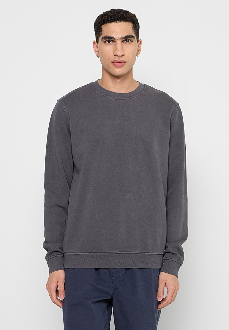 Grauer Sweatshirt mit runder Ausschnitt, langen Ärmeln und geripptem Saum. Weiche Textur und lockere Passform, keine sichtbaren Muster oder Logos.