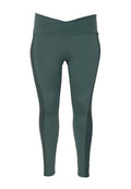 Hoch taillierte Leggings aus dunkelgrünem Stoff mit glatter Textur, die seitliche Mesh-Details für zusätzliche Atmungsaktivität aufweisen.