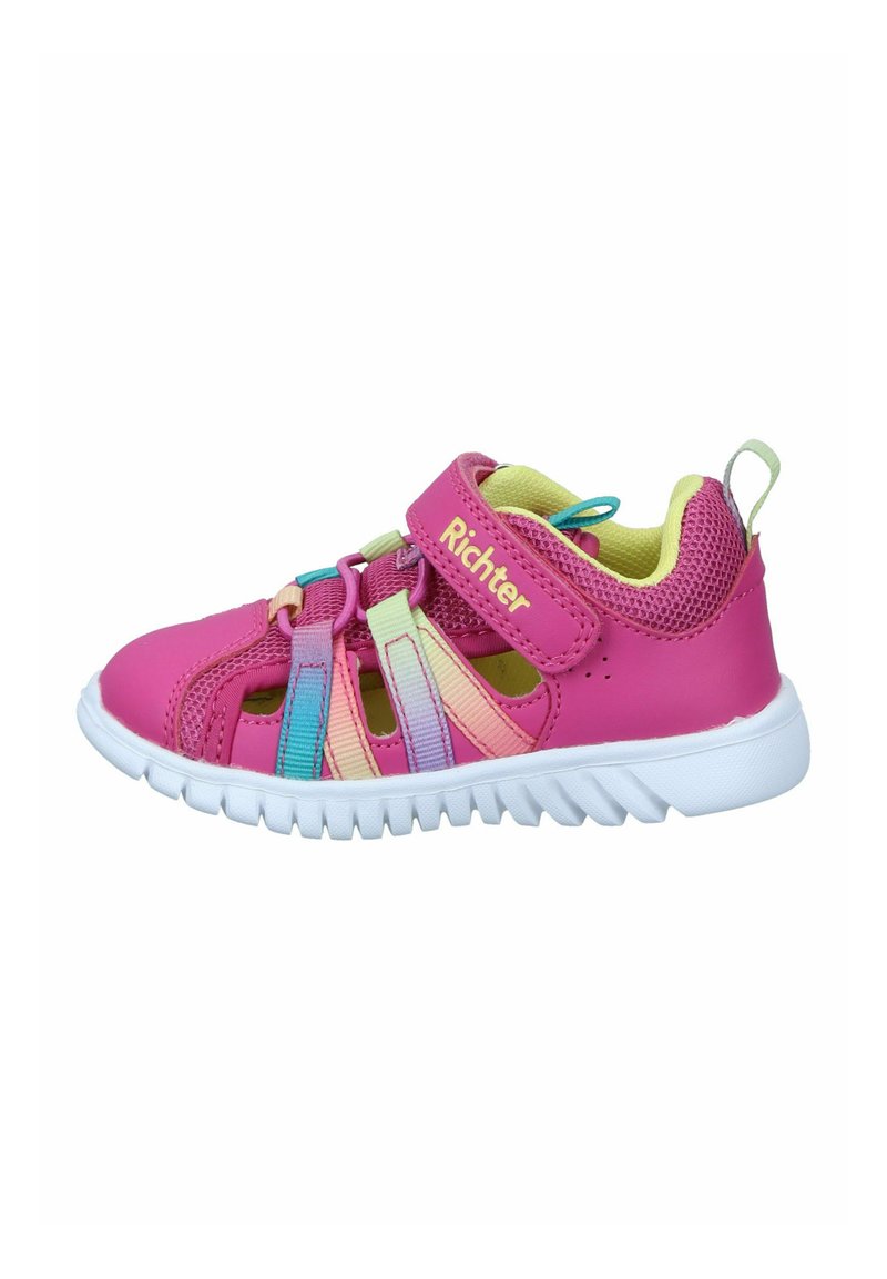 Rosa synthetische Schuhe mit Mesh-Details, einem Klettverschluss und bunten Akzenten. Mit einer weißen Gummisohle mit strukturierten Griffen.
