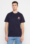 Navyblaues Baumwoll-T-Shirt mit Rundhalsausschnitt, kurzen Ärmeln und einem kleinen orangefarbenen Basketball-Graphic mit dem Text "LES DEUX" auf der Brust.
