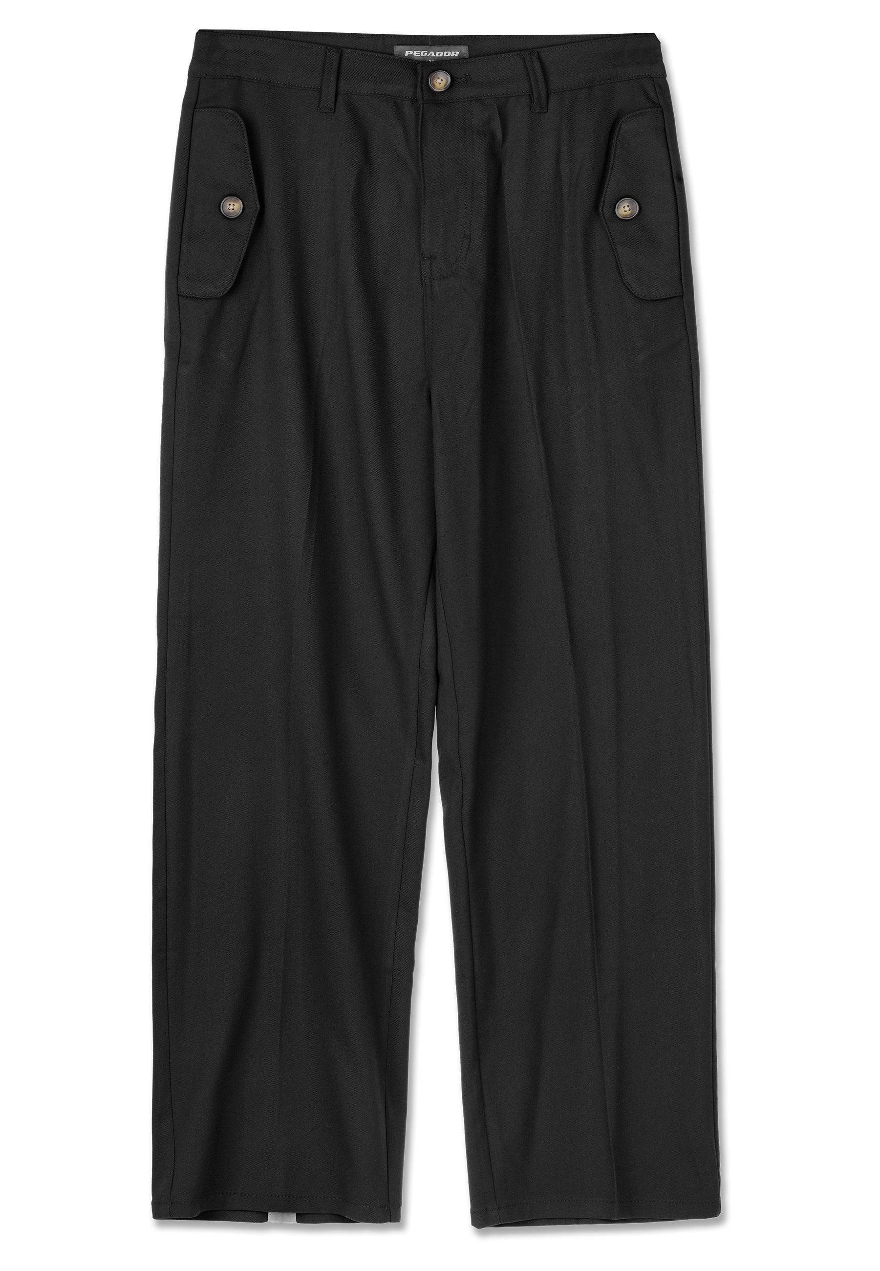 Schwarze Hose aus glattem Stoff, mit zwei seitlichen Taschen mit Knopfverschlüssen, einer taillierten Taille und einem lässigen geraden Bein Design.