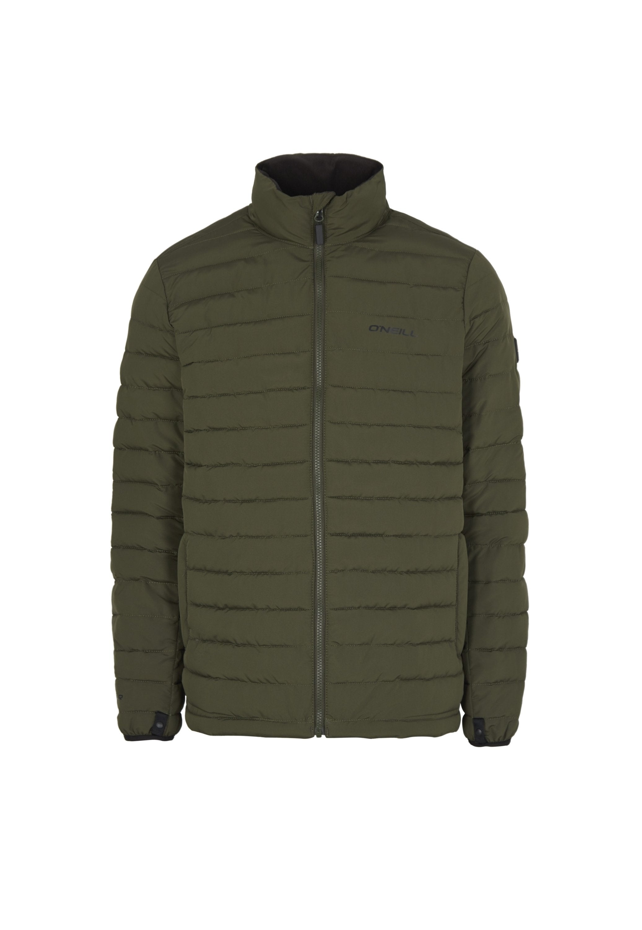 Olivegrüne Steppjacke mit hohem Kragen, Reißverschluss, zwei Seitentaschen und dezentem horizontalem Steppdetail. Markenlogo auf der Brust.