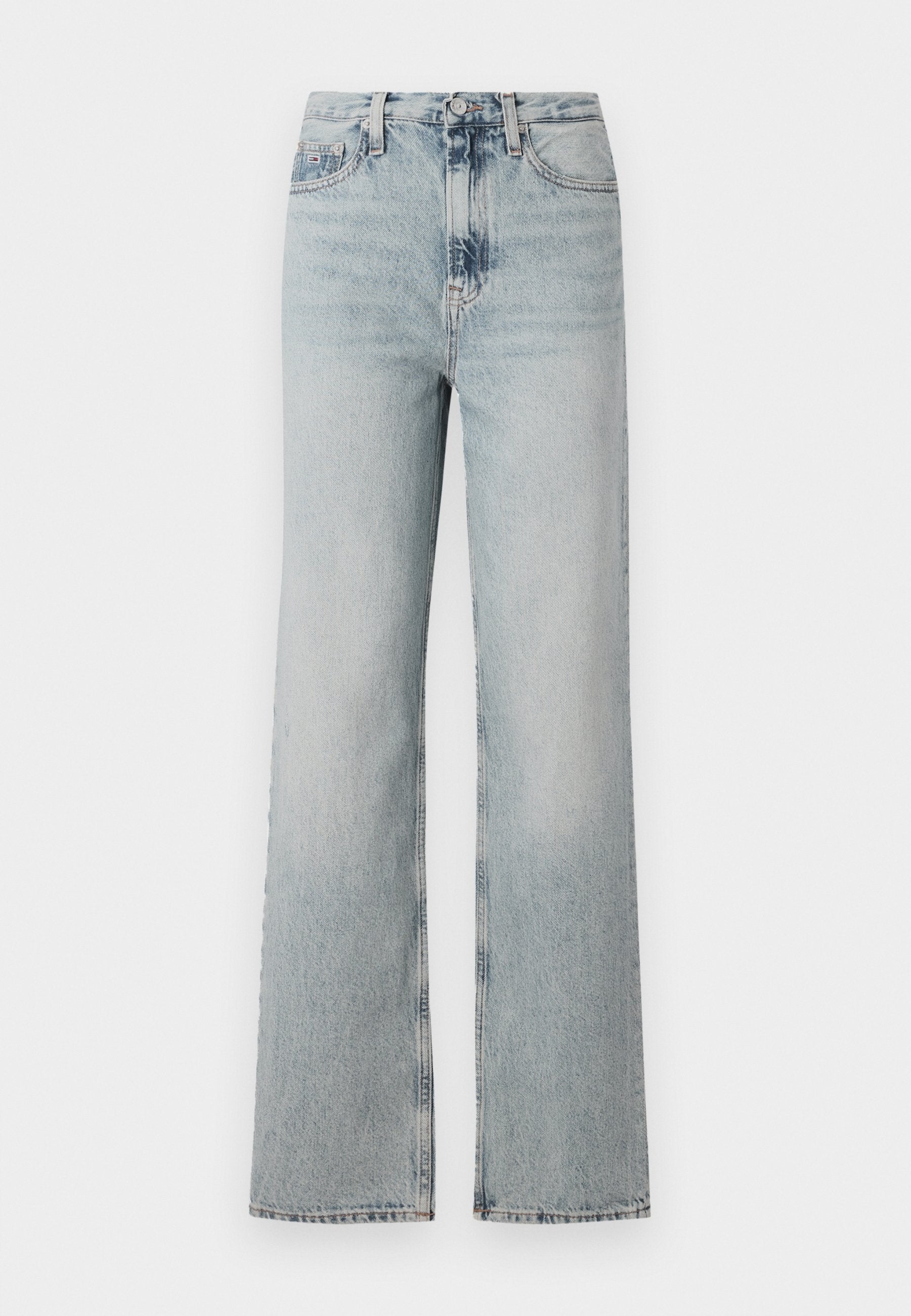 Hoch geschnittene, hellblaue Jeans mit weitem Bein, die über fünf Taschen verfügen und eine dezente Ausbleichung im Stoff aufweisen.