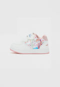 Kinderweißer Sneaker mit pinker Sohle und glitzerndem Absatz, mit Disney Frozen Figuren Anna und Elsa an der Seite und Klettverschlüssen.
