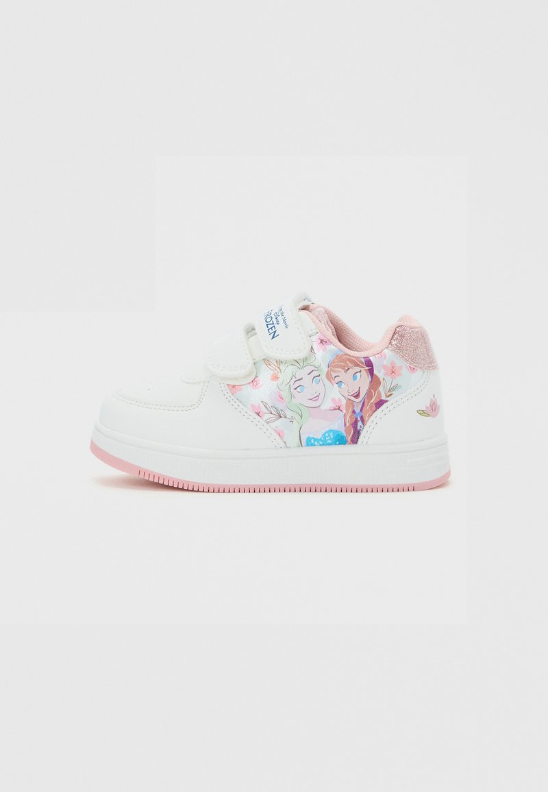 Kinderweißer Sneaker mit pinker Sohle und glitzerndem Absatz, mit Disney Frozen Figuren Anna und Elsa an der Seite und Klettverschlüssen.