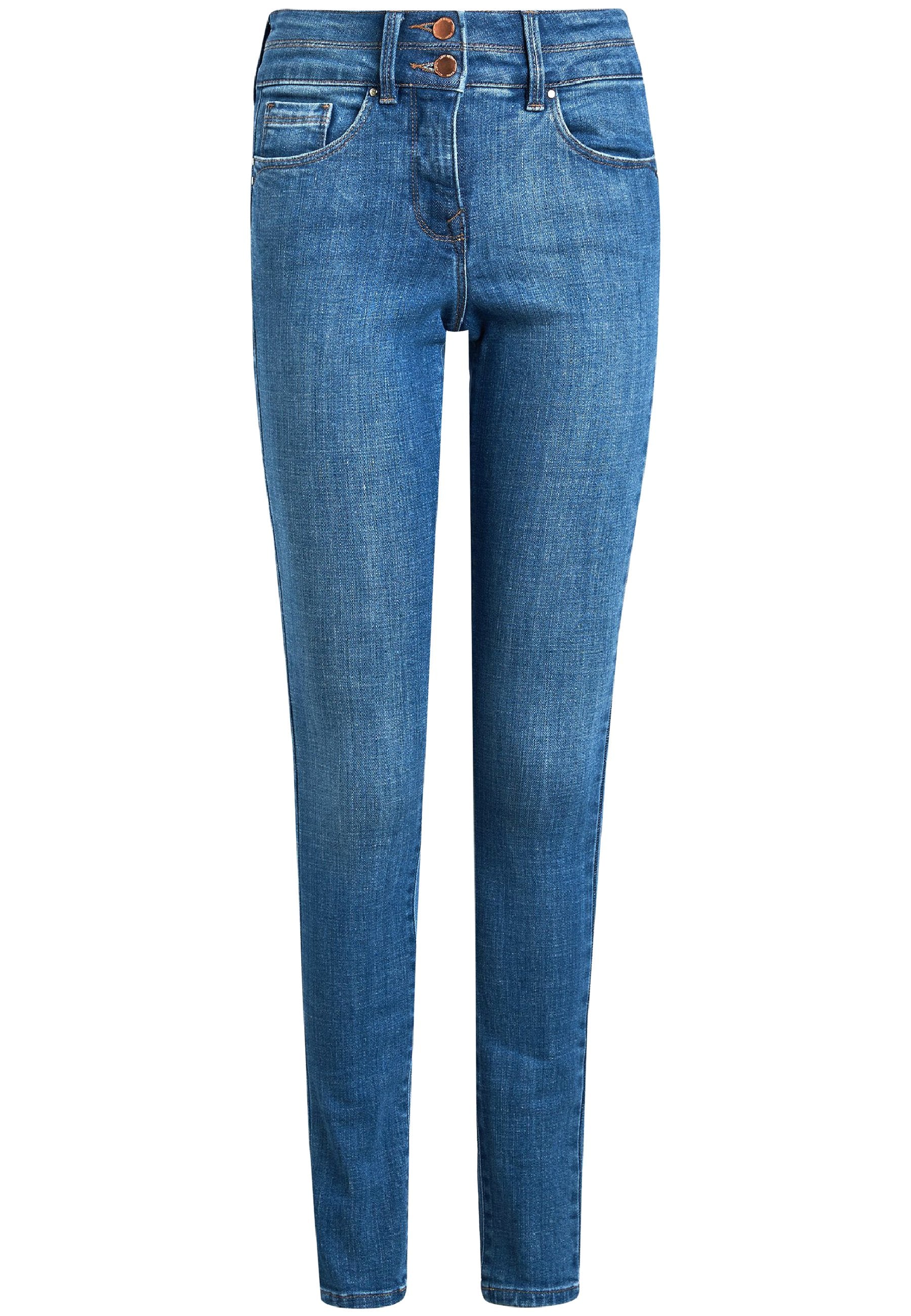 Schmal geschnittene blaue Jeans mit hoher Taille, zwei Fronttaschen und doppeltem Kupferknopfverschluss.