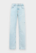 Hellblaue, hochgeschnittene gerade Jeans mit leichter Verwaschung an den Oberschenkeln und einem klassischen Five-Pocket-Design.