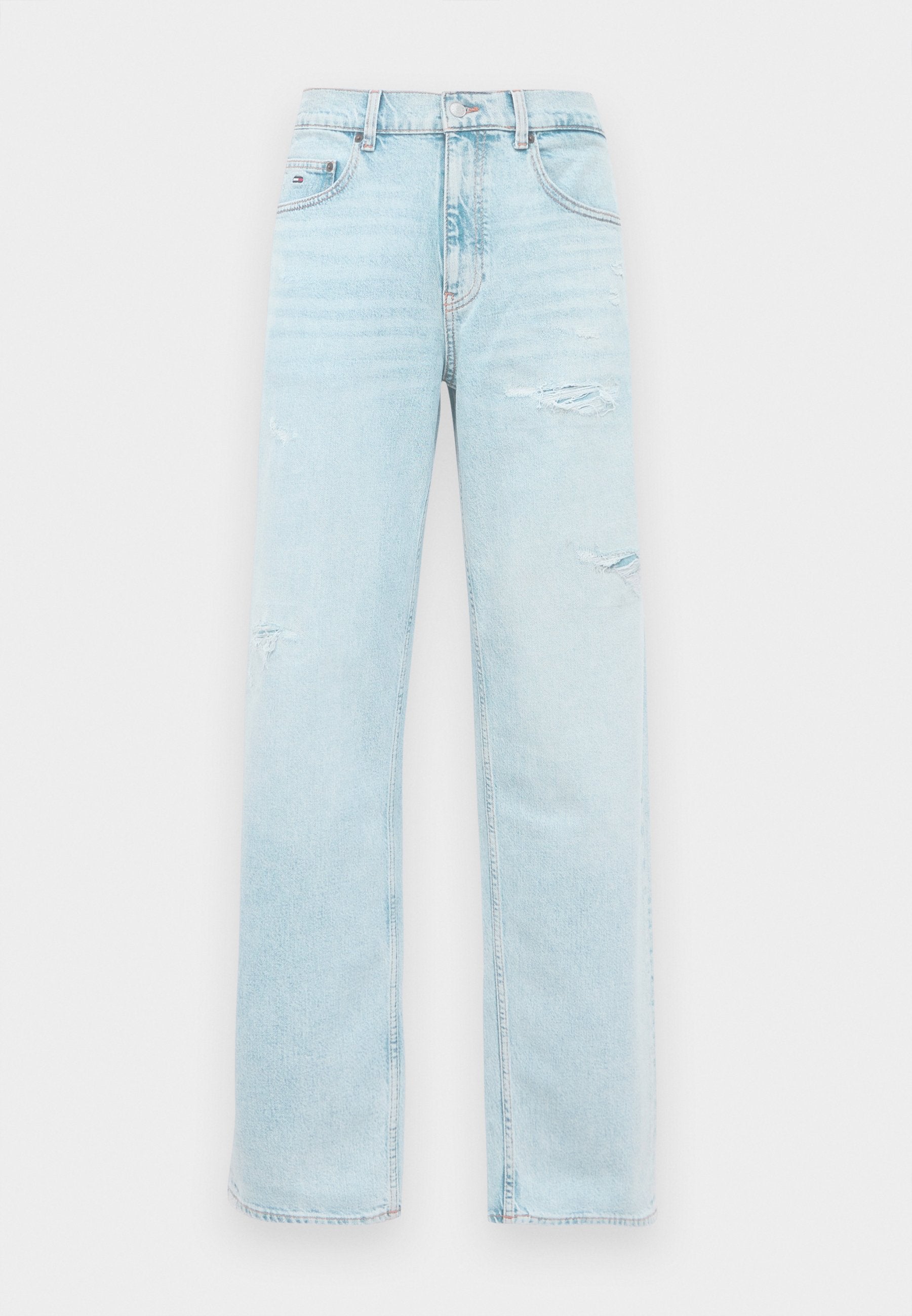 Hellblaue, hochgeschnittene gerade Jeans mit leichter Verwaschung an den Oberschenkeln und einem klassischen Five-Pocket-Design.