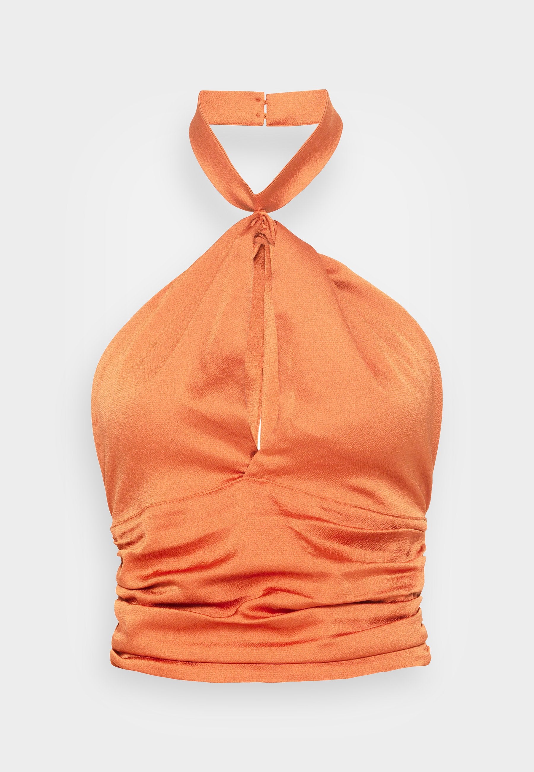 Halternecktops in leuchtendem Orange, aus glattem Stoff gefertigt. Mit einem Schlüsselaugen-Front, gerafftem Textur und verstellbarem Rückenband.
