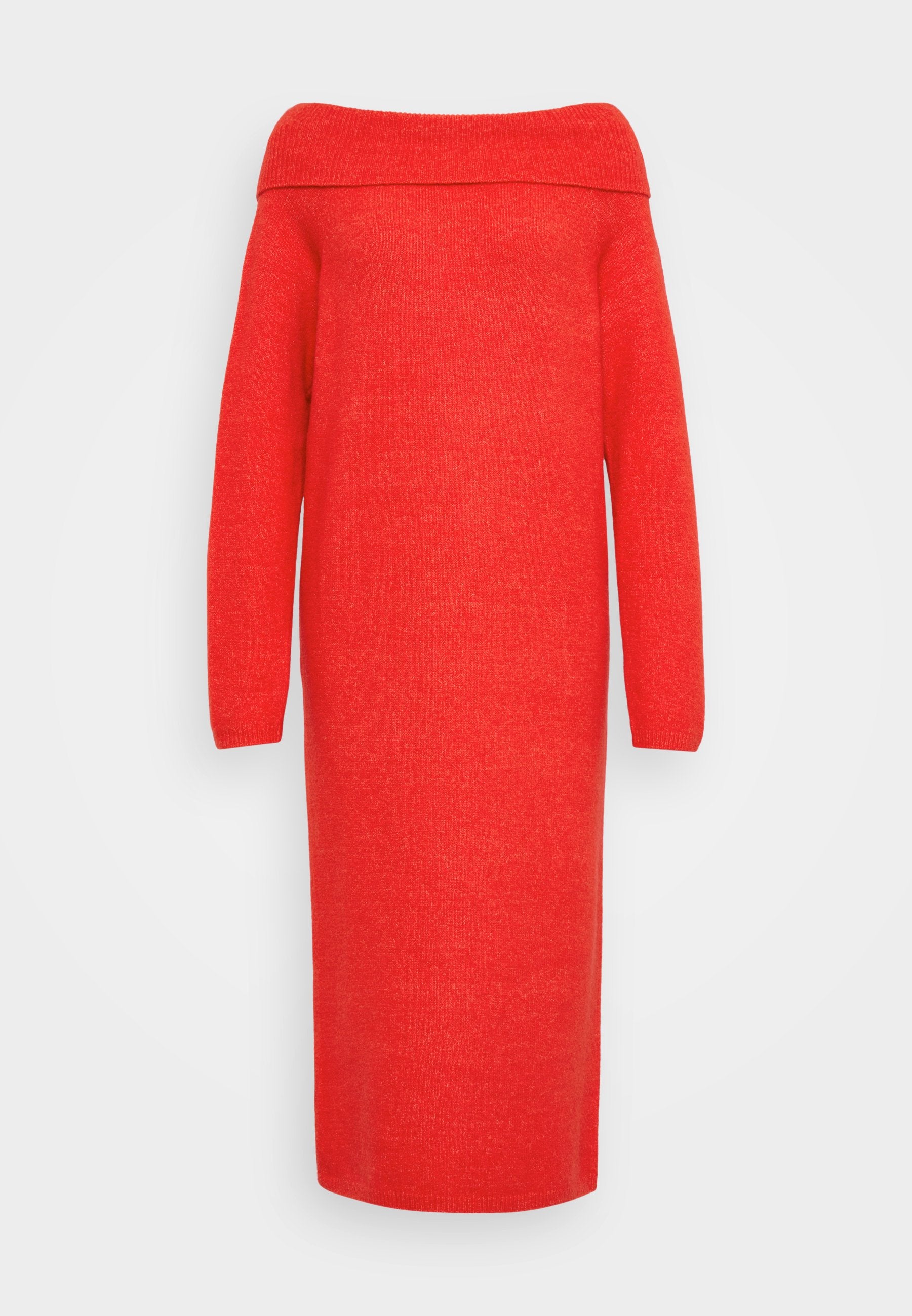 Rotes, schulterfreies Strickkleid, lange Ärmel, mittellang, glatte Textur, schlichte Gestaltung und gerippter Halsausschnitt.