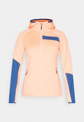 Hellorange Kapuzenjacke mit durchgehendem Frontreißverschluss, marineblauen Akzenten an Ärmeln und Brusttasche sowie Reißverschlusstaschen an den Seiten.