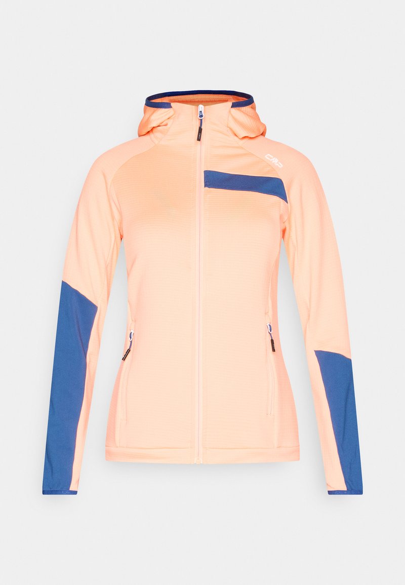 Hellorange Kapuzenjacke mit durchgehendem Frontreißverschluss, marineblauen Akzenten an Ärmeln und Brusttasche sowie Reißverschlusstaschen an den Seiten.