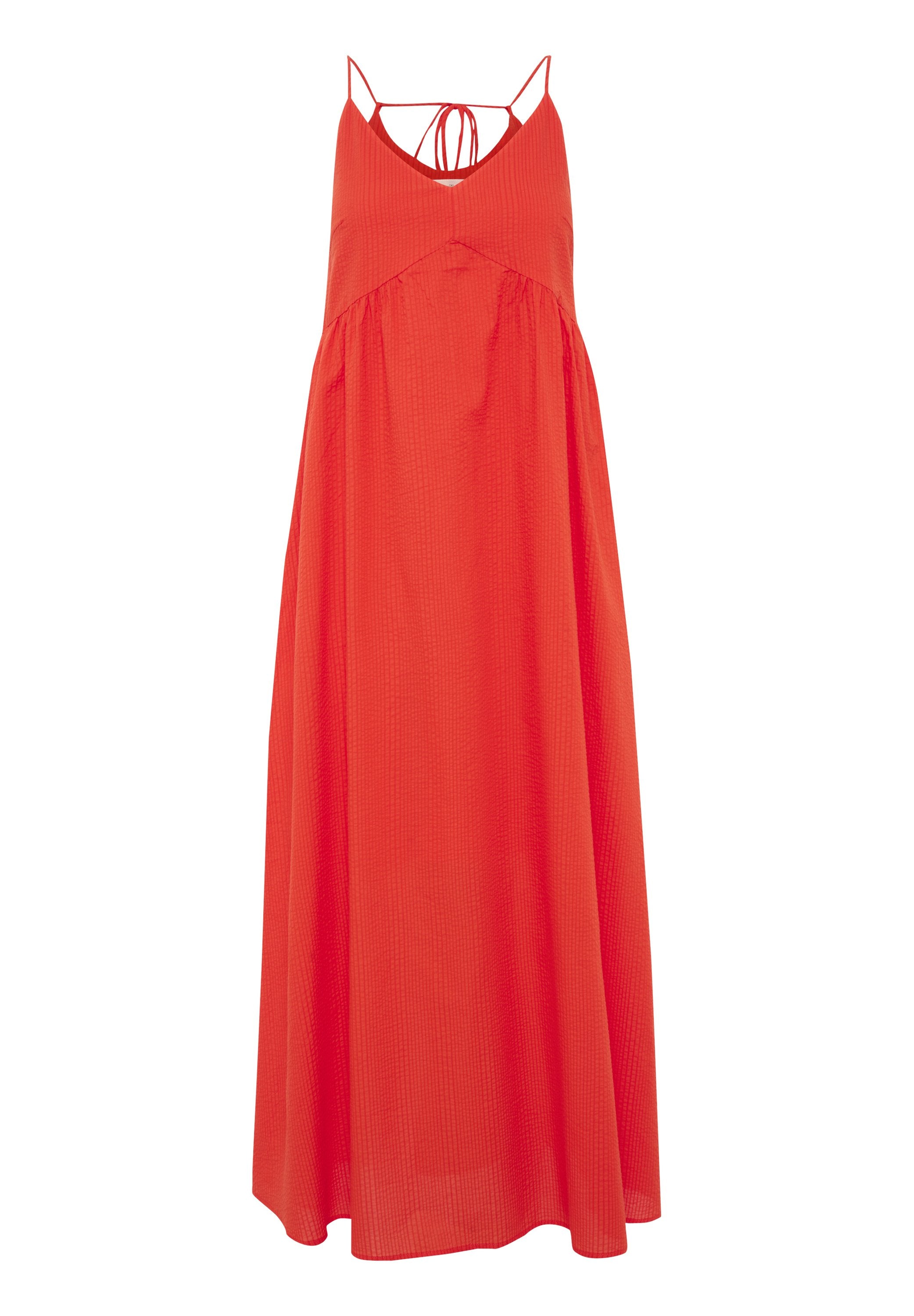 Maxikleid in leuchtendem Rot, hergestellt aus leichtem Stoff. Verfügt über einen V-Ausschnitt und verstellbare Spaghettiträger, mit einem gerafften Bund.