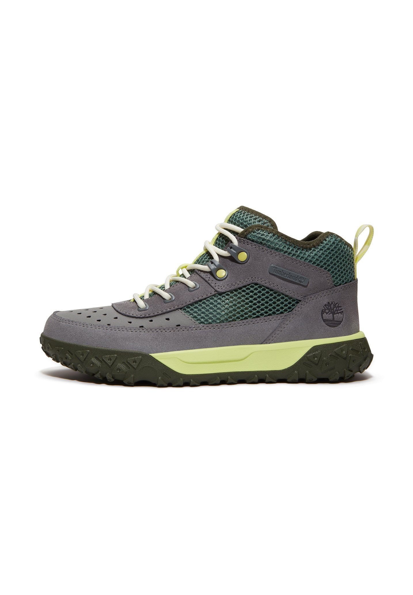 Graue und grüne Wanderschuhe mit Netzdetails, Gummisohle und kontrastierenden limonengrünen Akzenten. Mit verstärkten Ösen und Zuglasche.