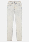 Helles blaues Denim-Jeans mit geradem Schnitt, fünf Taschen, dezentem Used-Look und Messingbeschlägen für Verschlüsse und Akzentuierungen.