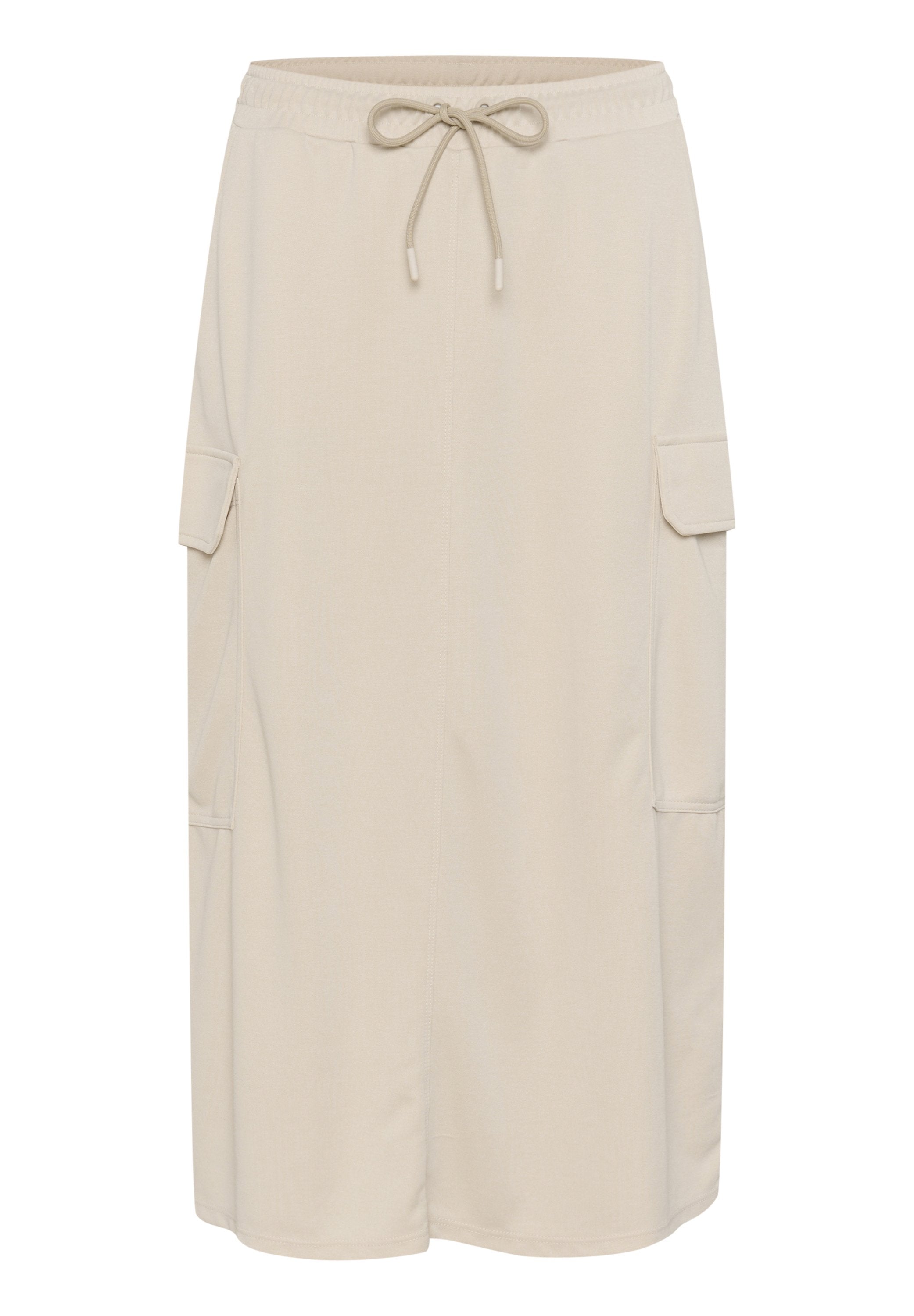Beige Midi-Rock aus weichem Material, mit einem Kordelzugbund, zwei seitlichen Taschen und einem lockeren Schnitt mit glatter Textur.