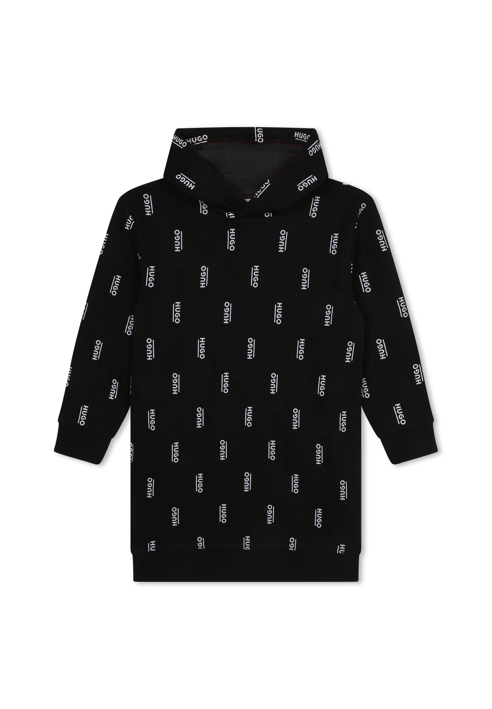 Schwarzer Kapuzenpullover mit allover weißem "HUGO"-Textdruck, langen Ärmeln, gerippten Bündchen und einer Kängurutasche. Weiche Stoffstruktur.