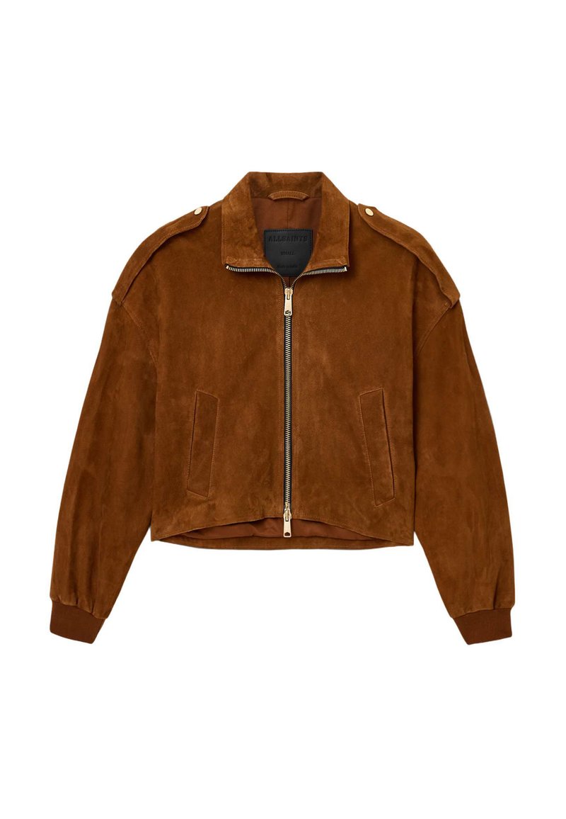 Braune Wildleder-Jacke in Kurzform mit Reißverschluss vorne, Schulterklappen, zwei Seitentaschen und gerippten Bündchen an den Ärmeln.