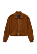 Braune Wildleder-Jacke in Kurzform mit Reißverschluss vorne, Schulterklappen, zwei Seitentaschen und gerippten Bündchen an den Ärmeln.