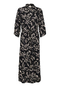 Schwarzes Kleid mit einem Blättermuster in Beige, featuring einen Knopfkragen, Dreiviertelärmel und einer taillierten Taille für eine entspannte Passform.
