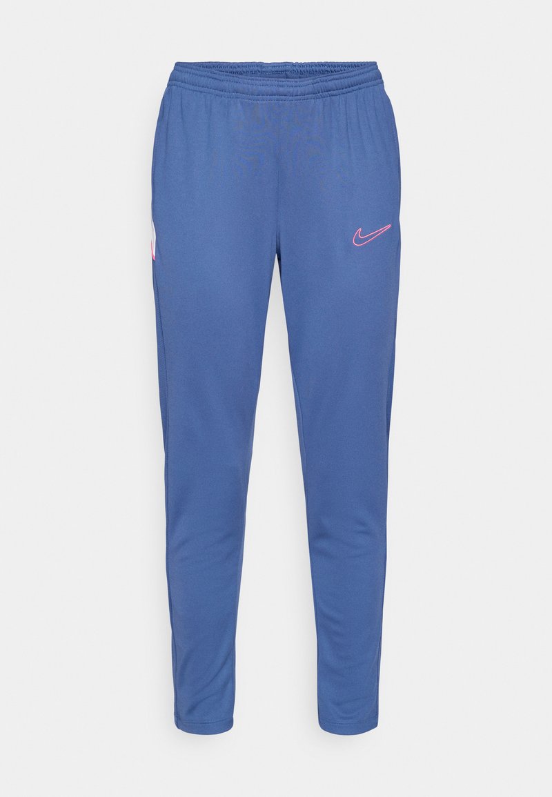 Marineblaue Sporthose mit elastischem Bund, zulaufenden Beinen und einem pinkfarbenen Nike-Logo am linken Oberschenkel. Glatter, dehnbarer Stoff.