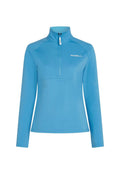Hellblauer Fleece-Pullover mit hochschließendem Kragen, Viertel-Reißverschluss und langen Ärmeln. Verfügt über eine horizontale Naht über der Brust.