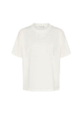 Weißes T-Shirt mit kurzen Ärmeln aus Baumwolle, das ein Gefälle aus kleinen silbernen Verzierungen auf der oberen Vorderseite zeigt, runde Halsauschnitt.