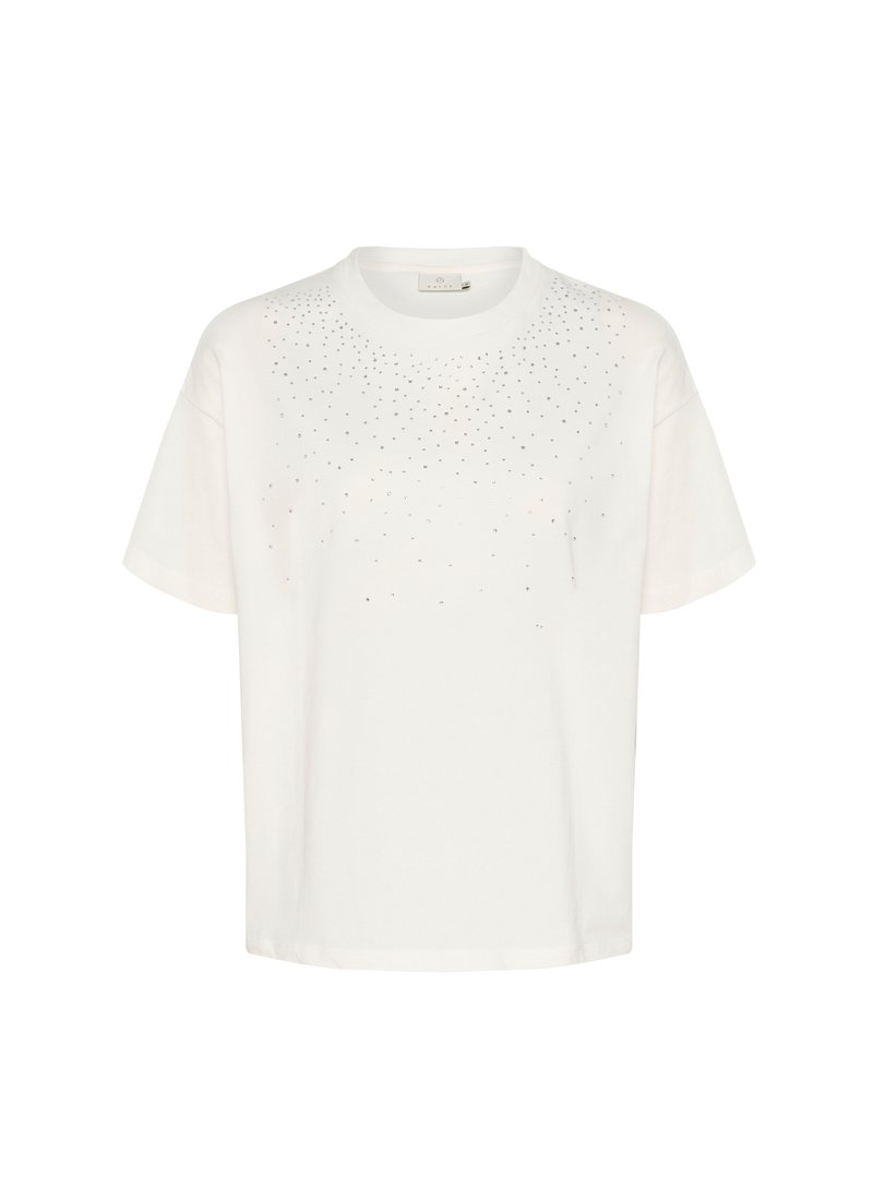 Weißes T-Shirt mit kurzen Ärmeln aus Baumwolle, das ein Gefälle aus kleinen silbernen Verzierungen auf der oberen Vorderseite zeigt, runde Halsauschnitt.