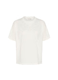 Weißes T-Shirt mit kurzen Ärmeln aus Baumwolle, das ein Gefälle aus kleinen silbernen Verzierungen auf der oberen Vorderseite zeigt, runde Halsauschnitt.