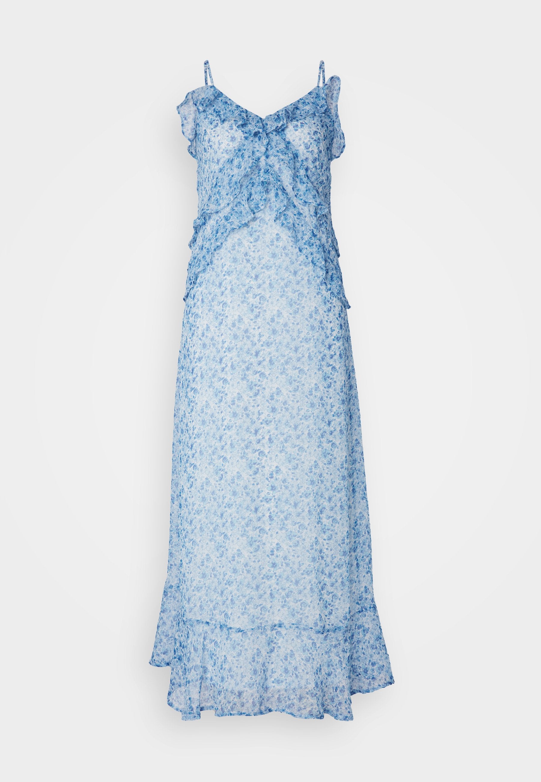 Blaues Blumenkleid mit dünnen Trägern, Rüschendetails und einem gestuften Saum. Hergestellt aus leichtem Stoff mit einer transparenten, weichen Textur.
