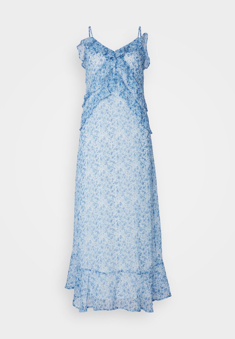 Blaues Blumenkleid mit dünnen Trägern, Rüschendetails und einem gestuften Saum. Hergestellt aus leichtem Stoff mit einer transparenten, weichen Textur.