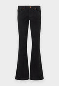 Schwarze Cord-Jeans mit ausgestelltem Schnitt und strukturierter Oberfläche. Verfügt über fünf Taschen und Metallakzente am Bund und an den Taschen.