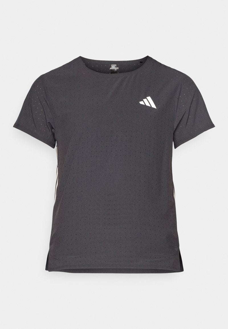 Kurze Ärmel Sport-T-Shirt, dunkelgrau mit durchbrochener Textur. Enthält ein weißes Logo und kontrastierende Seitenstreifen. Runder Ausschnitt.
