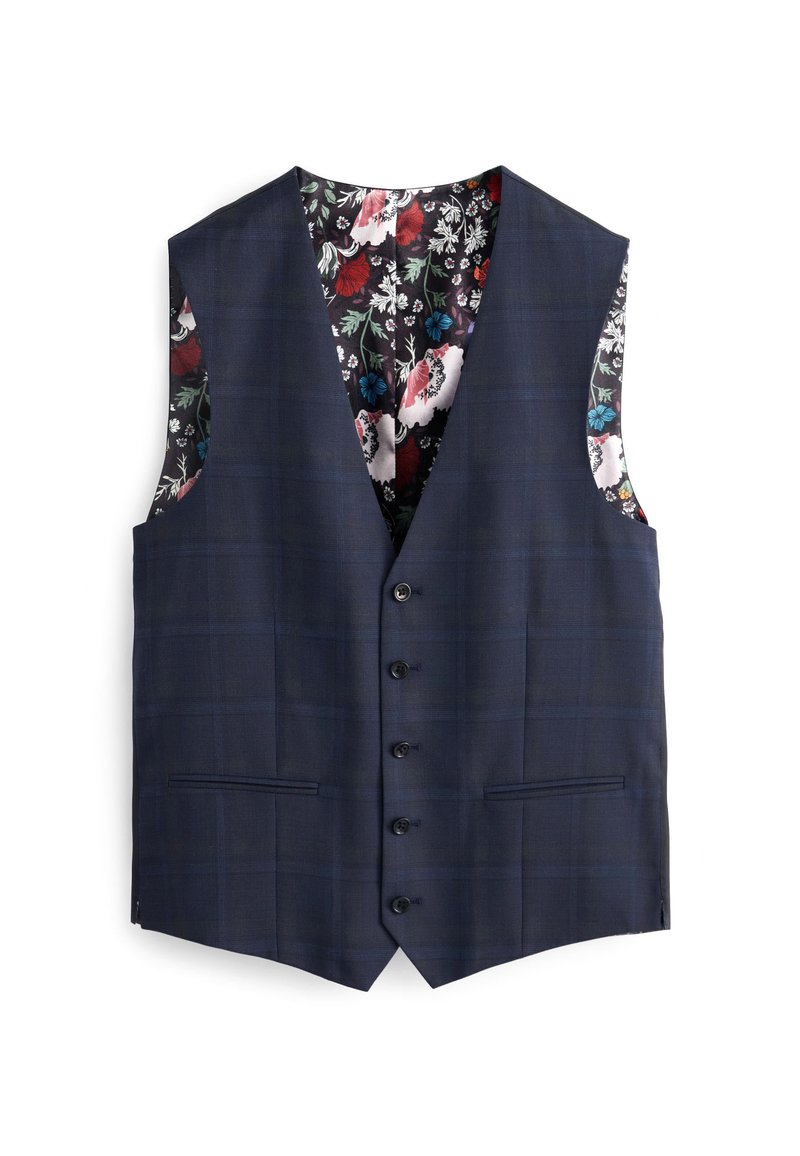Marine-karierter Weste mit V-Ausschnitt, sechs Knopfverschluss und zwei Fronttaschen. Blumenmuster-Futter in den Farben Rot, Weiß und Blau.