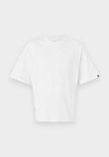 Weißes Baumwoll-T-Shirt mit Rundhalsausschnitt, kurzen Ärmeln und lässiger Passform. Verfügt über ein kleines Logoschild an der unteren Seite.