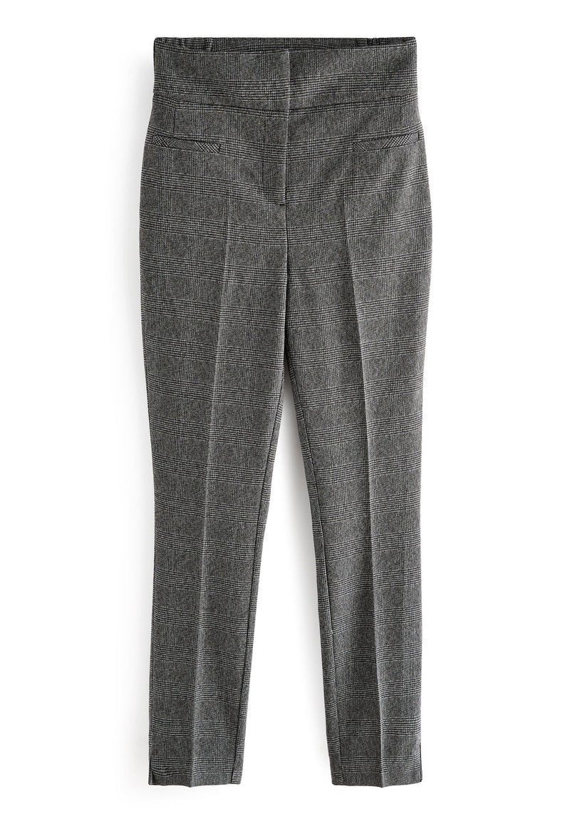 Grau karierte Maßhose mit Vorderfalten und seitlichen Eingrifftaschen, schlanker Schnitt, knöchellang, entworfen für formelle Anlässe.