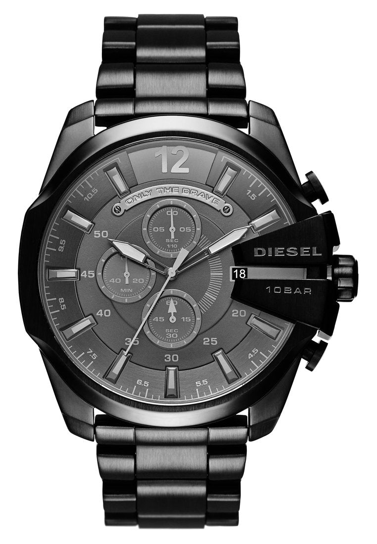 Schwarze Diesel Metall-Chronographen-Uhr mit drei Totalisatoren, Datumsanzeige und dem Text "Only The Brave" auf dem Ziffernblatt.