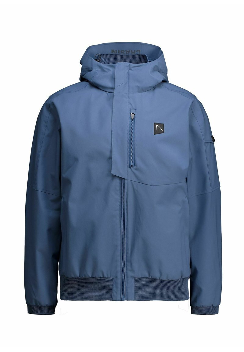 Blaue wasserdichte Jacke mit Kapuze, Frontreißverschluss und elastischen Bündchen. Verfügt über ein Logo-Patch auf der Brust und Mesh-Detail am Saum.