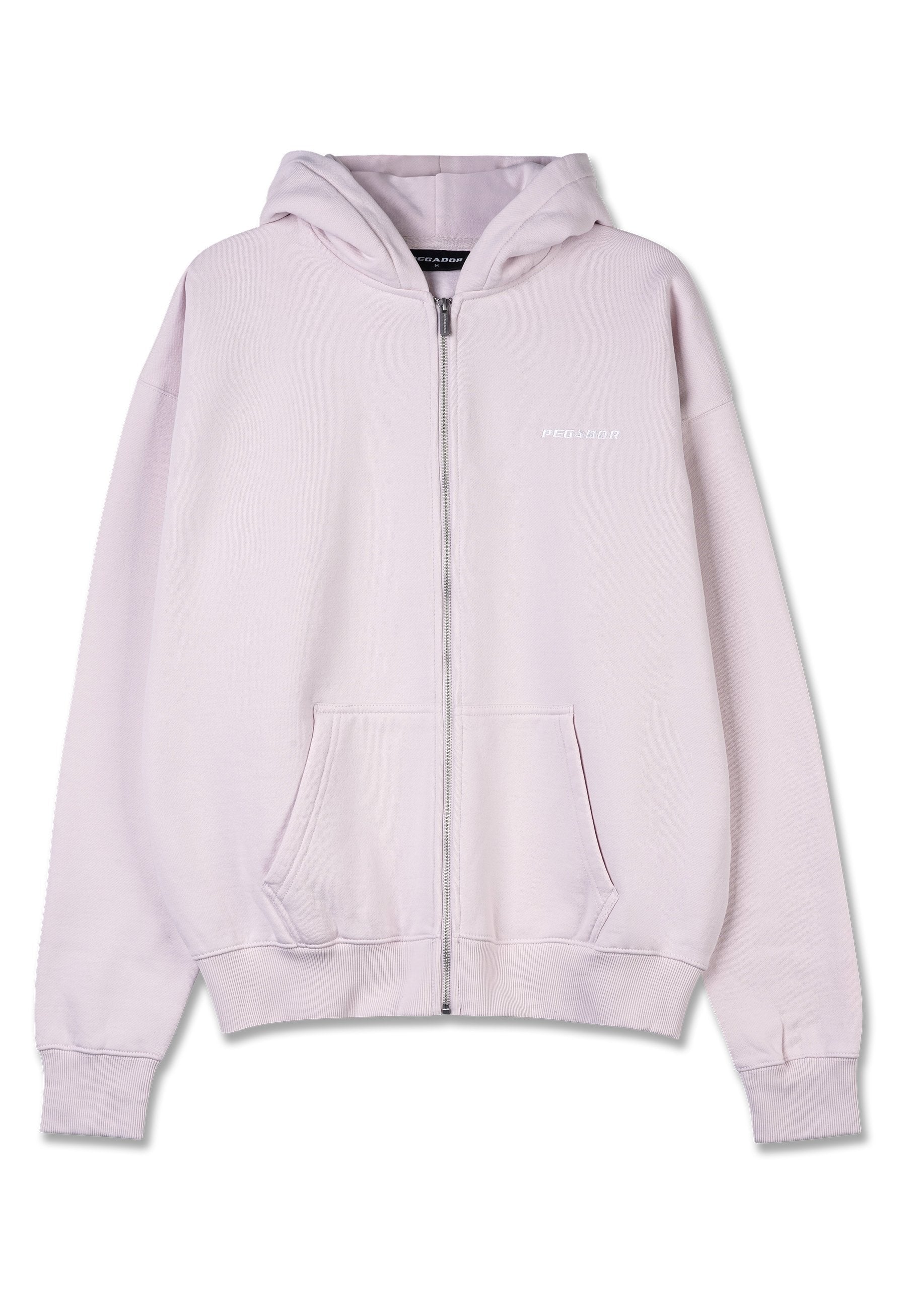 Hellblaue Zip-Up Kapuzenjacke aus weichem Material, mit einer Fronttasche, gerippten Bündchen und dem weißen "PEGADOR"-Logo auf der linken Seite.
