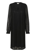 Schwarzes Spitzenkleid mit langen Ärmeln, V-Ausschnitt und gerafften Manschetten. Besitzt ein florales Muster und eine lockere, fließende Silhouette.