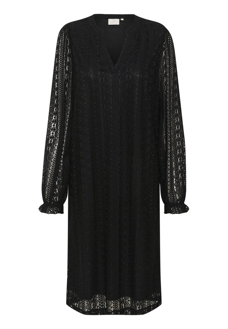 Schwarzes Spitzenkleid mit langen Ärmeln, V-Ausschnitt und gerafften Manschetten. Besitzt ein florales Muster und eine lockere, fließende Silhouette.