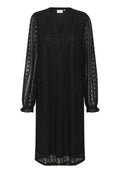 Schwarzes Spitzenkleid mit langen Ärmeln, V-Ausschnitt und gerafften Manschetten. Besitzt ein florales Muster und eine lockere, fließende Silhouette.