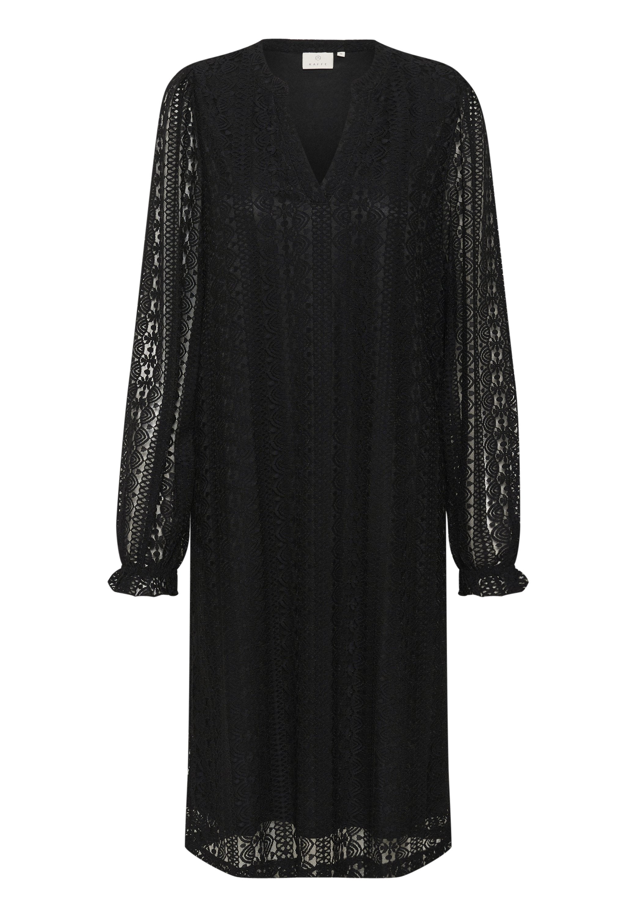 Schwarzes Spitzenkleid mit langen Ärmeln, V-Ausschnitt und gerafften Manschetten. Besitzt ein florales Muster und eine lockere, fließende Silhouette.