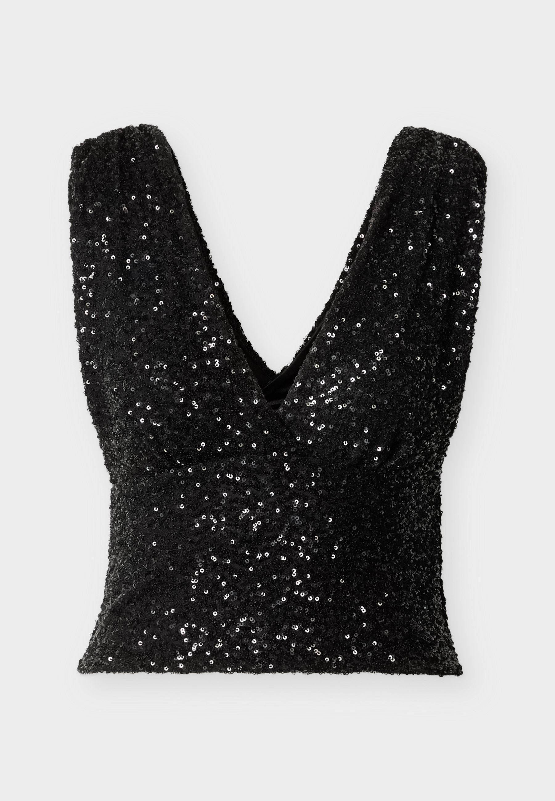 Schwarzes Paillettentop mit tiefem V-Ausschnitt, ärmellosem Design und figurbetonter Silhouette, verziert mit schimmernden Pailletten, die den Stoff bedecken.